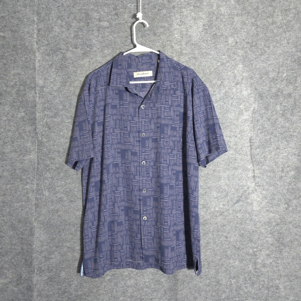 Tommy Bahama Island Zone Shirt Mens XL Blue Silk Blend Geometric Block Print SS